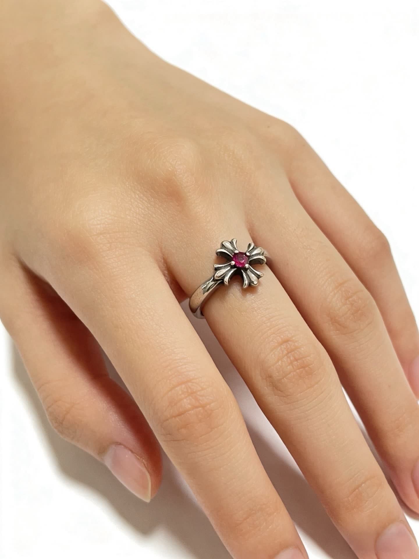 Chrome Hearts Silver Flower Ring with Red Gemstone